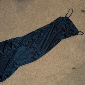 Elegant dark teal Blue Satin Slip Dress